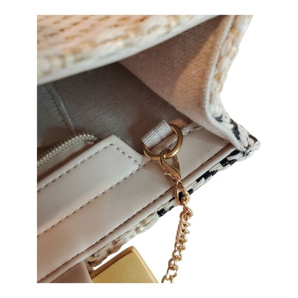 NEW WOVEN Handbag Straw & Natural fiber Striped Wooden Handles Chain Strap - Picture 8 of 9